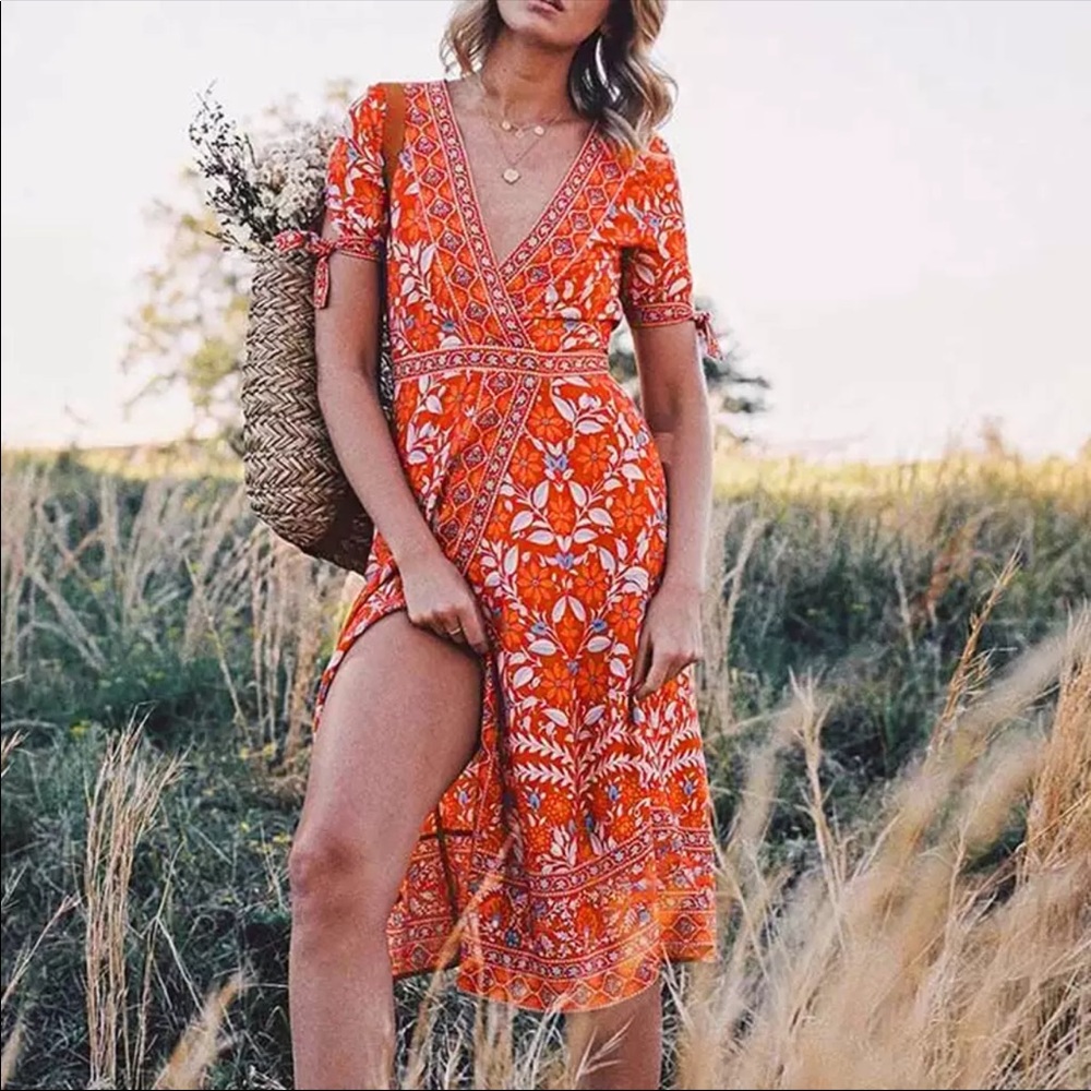 Bohemian Gypsy Floral Print Dress Tie Sleeve Slit - Picture 2 of 6
